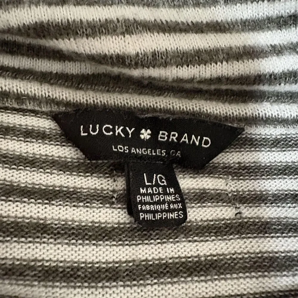 Lucky Brand Sweater Womens Large Gray Striped Cowl Neck Drawstring Knit Pullover